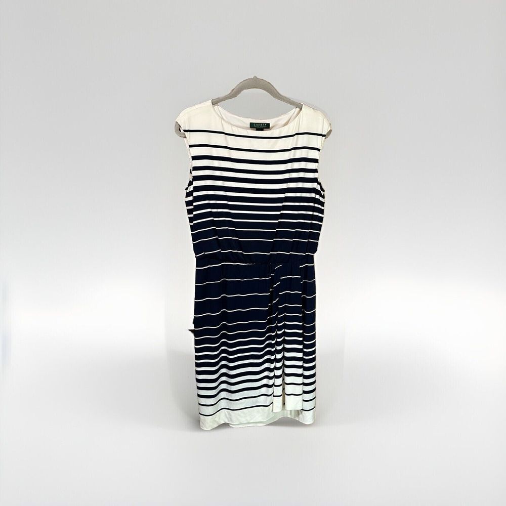 Lauren Ralph Lauren Dress Blue Ivory Striped Women's 14 Cap Sleeve Casual Length